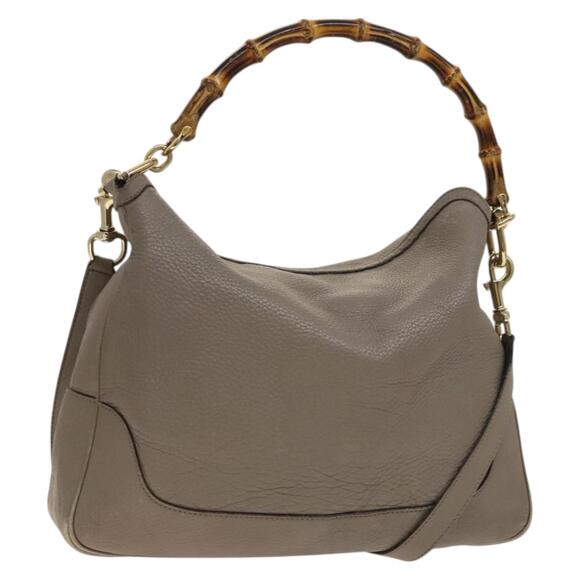 GUCCI Bamboo Hand Bag Leather Gray Gold - Picture 1 of 16